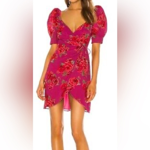 LPA Araceli Floral Puff Sleeve Wrap Mini Dress In Pink Size SMALL. B40 - Picture 1 of 14